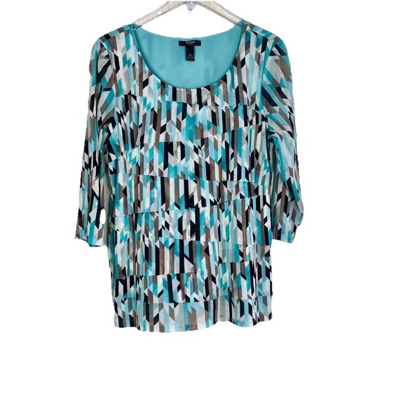 Alfani Size 1X Turquoise Tan Black Geometric Print Tiered Layered Tunic Top - Picture 1 of 7
